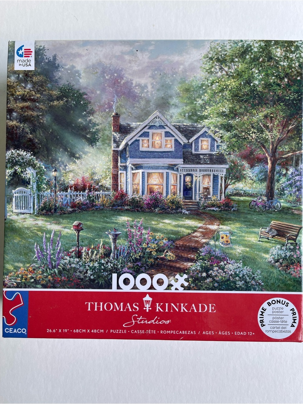 Thomas Kinkade Blue Victorian Home with Lush Green Garden